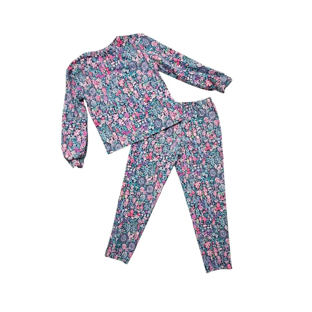 Lilly Pulitzer Kids 2 Piece Set Pants Top Floral Flamingo Pink Blue XL 12-14